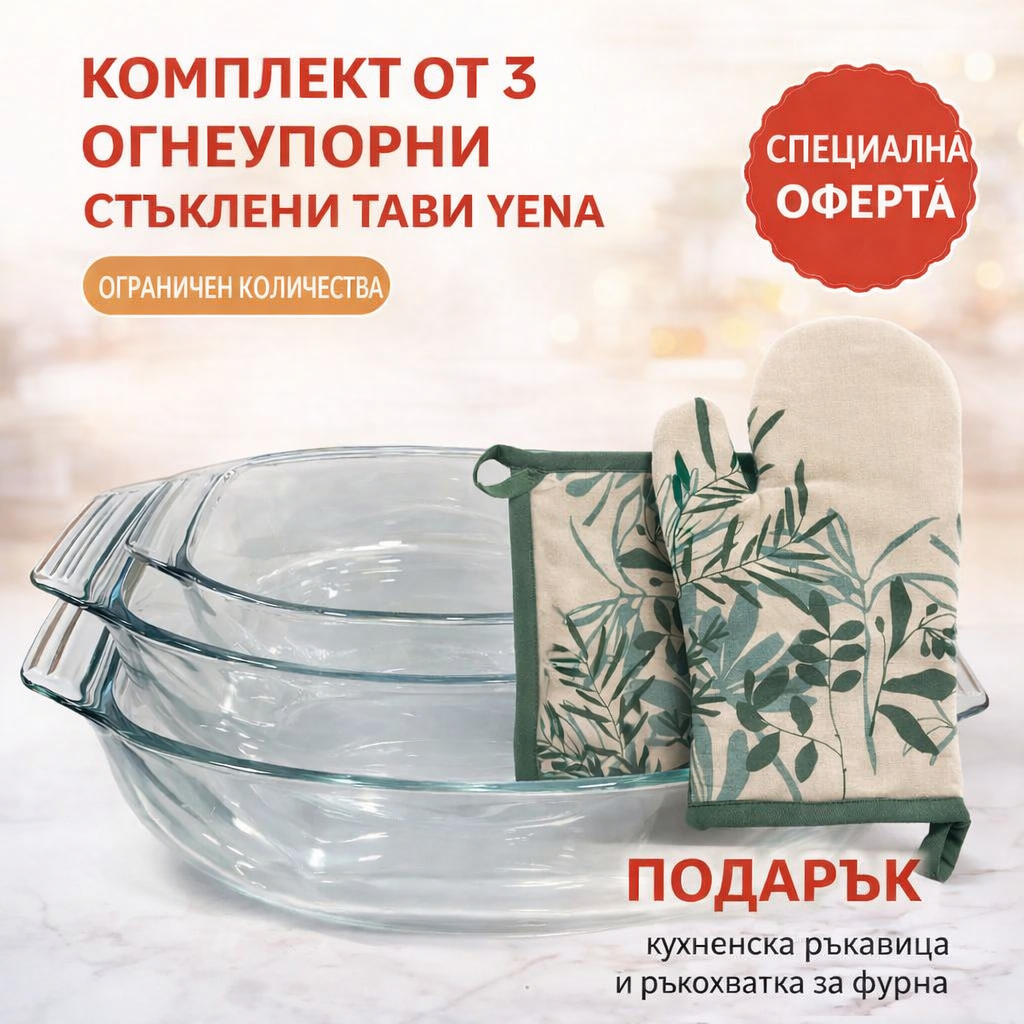 Комплект от 3 огнеупорни стъклени тави Yena + ПОДАРЪК кухненска ръкавица за фурна