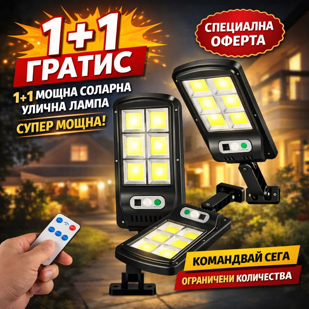1+1 Соларна Улична Лампа PREMIUM LED, СУПЕР МОЩНА